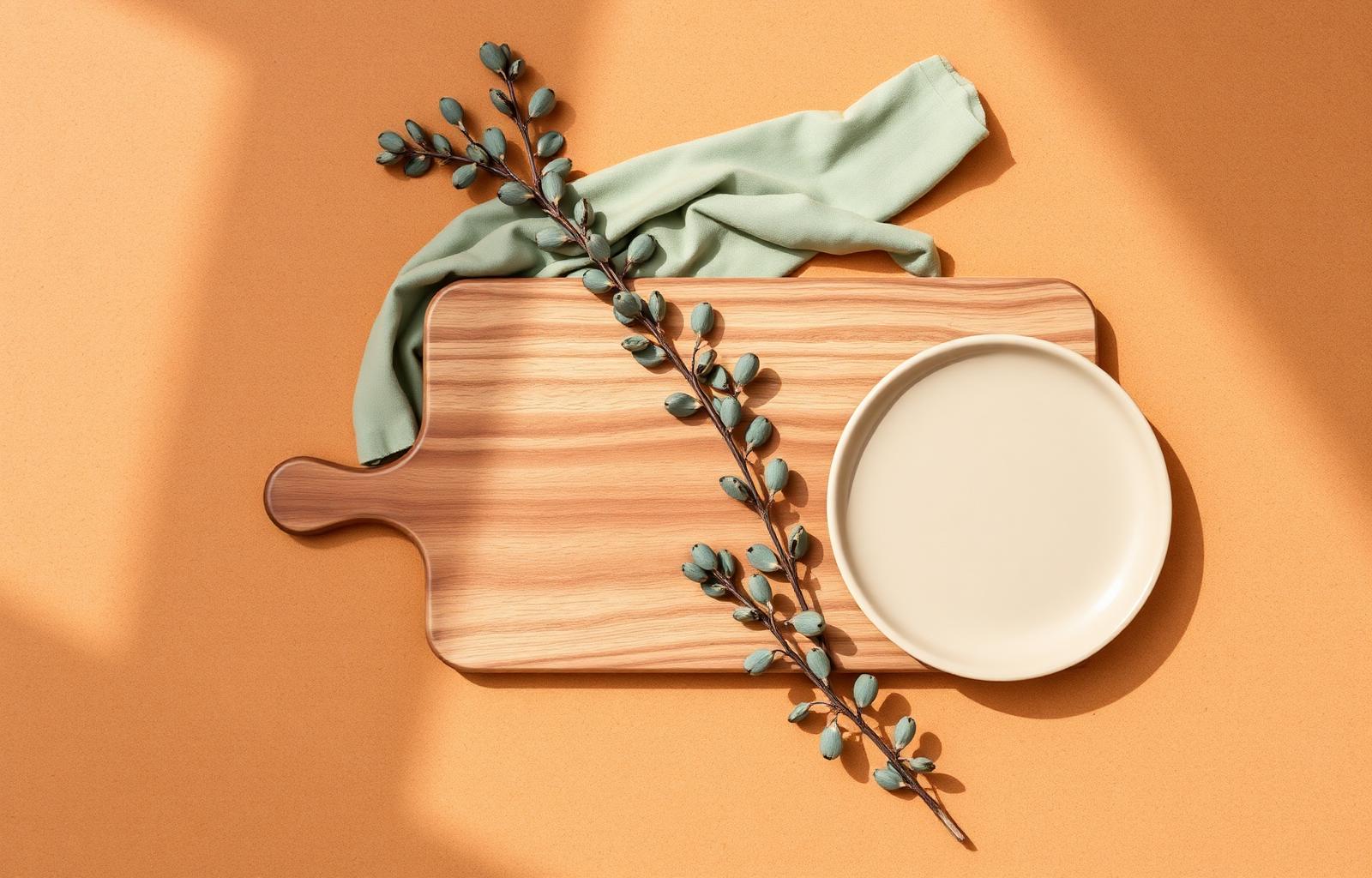 Ironbark serving board with sage linen and native botanicals